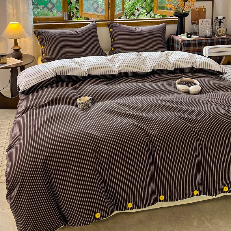 Japanese Simple Style 100% Washed Cotton Duvet Cover Set with Button Closure Durable Soft Bedding Set Bed Sheet Set Bed Linen