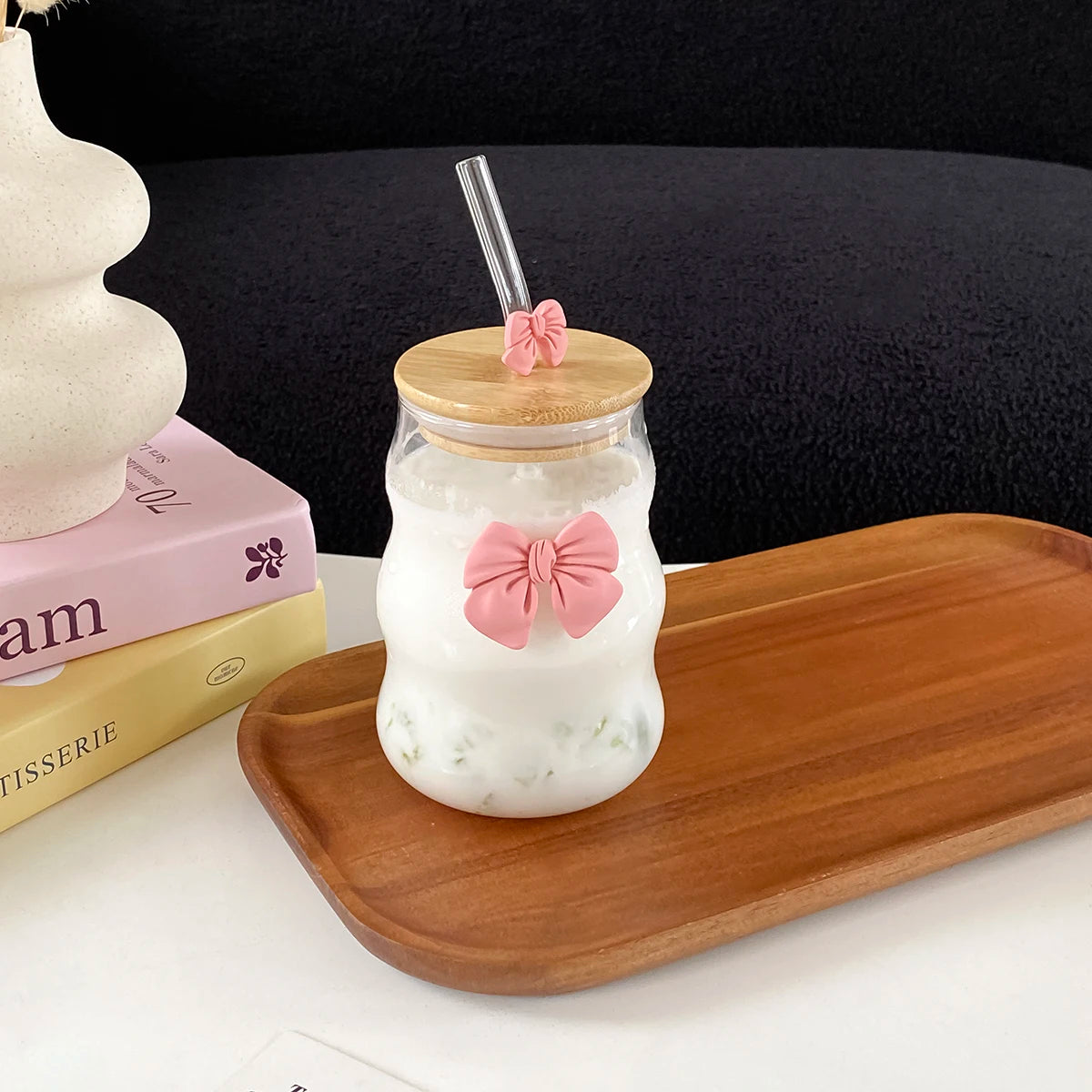 Glass Cup with Lid and Straw, Bow-Knot Aesthetic Coffee Tumbler Wavy Striped Clear Glassware for Iced Coffee, Milk, Tea & Juices