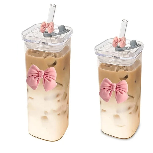 Cute Pink Bow 400ml Glass Tumbler Set with Natural Bamboo Lid & Reusable Straws – Perfect Portable Iced Coffee Cup & Gift