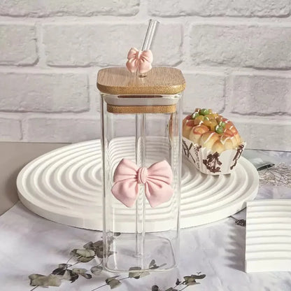 Cute Pink Bow 400ml Glass Tumbler Set with Natural Bamboo Lid & Reusable Straws