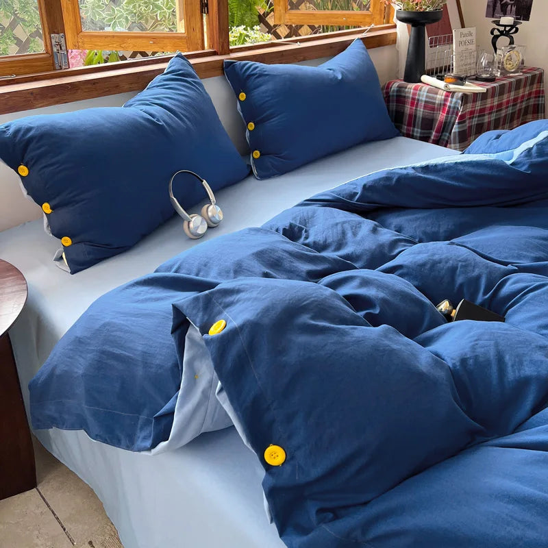 Japanese Simple Style 100% Washed Cotton Duvet Cover Set with Button Closure Durable Soft Bedding Set Bed Sheet Set Bed Linen
