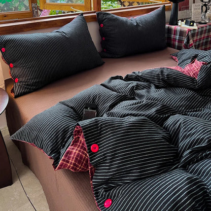 Japanese Simple Style 100% Washed Cotton Duvet Cover Set with Button Closure Durable Soft Bedding Set Bed Sheet Set Bed Linen
